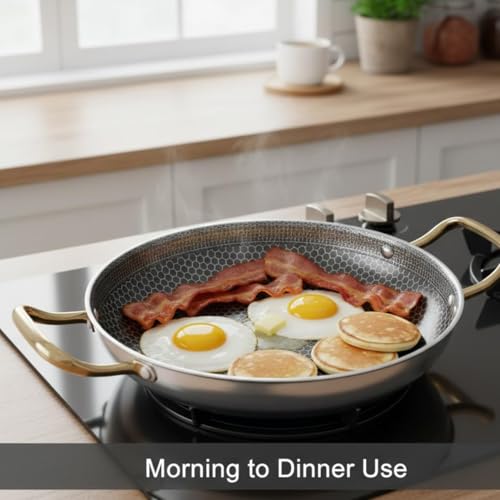 Image of Crega Stainless Steel Frying Pan with Dual Gold Handles, Honeycomb Nonstick Tri-Ply Skillet, Induction Compatible Deep Fry Chef Pan for Gas, Ceramic & Induction Cooktops, Multipurpose Cookware