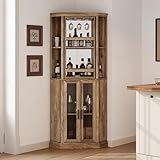 LINSY HOME Corner Bar Cabinet, 68.5' Tall Farmhouse Wine Cabinet with Rotating Liquor Shelves, Home Bar Cabinet with Barn Door & Adjustable Shelves for Dining Room, Living Room, Kitchen (Brown)