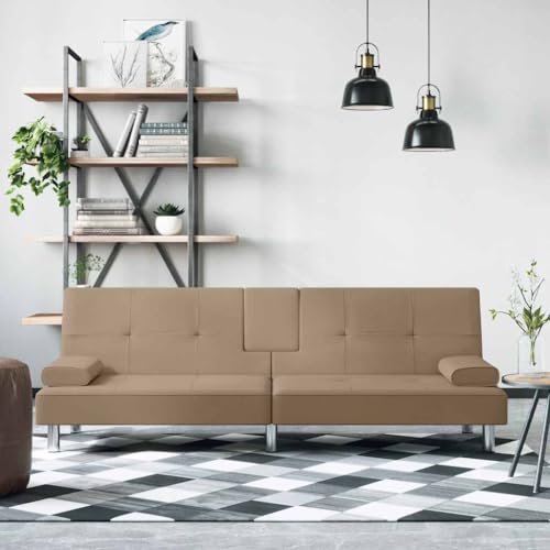 Kaloriko Canapé-lit Cappuccino en cuir synthétique avec porte-gobelets, port USB, 200 x 89 x 70 cm, pliable, avec pieds en métal stables, idéal pour le salon, la chambre d'amis, le bureau, peu