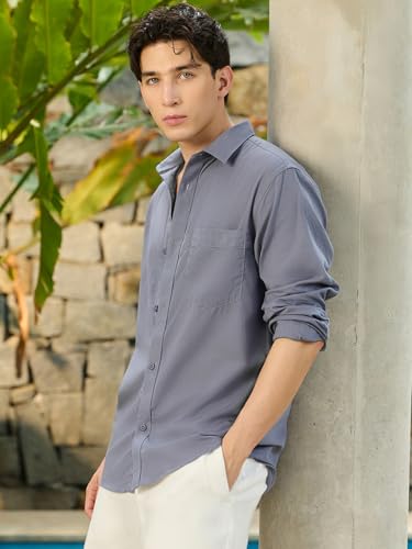 Image of Bewakoof Mens Solid Regular Fit Full Sleeve Collar Cotton Linen Blend Shirt