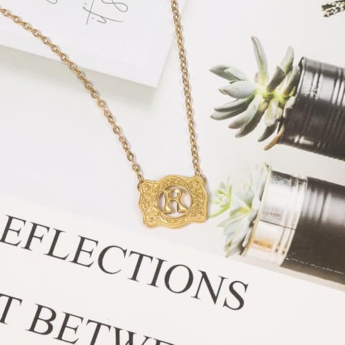 14K Gold Belt Buckle Necklace Western Style Initial Letter Pendant Necklace, Decorative Belt Buckle Frame Design
