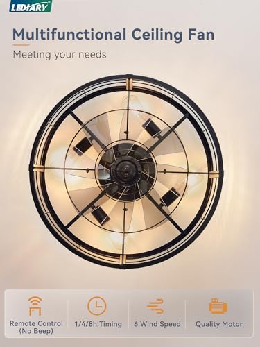 Image of LEDIARY 23 inch Caged Ceiling Fan with Light and Remote, Low Profile Flush Mount Fandelier, Black Bladeless Enclosed Small Fan Lights Ceiling Fixtures, Rustic Farmhouse Style for Bedroom, Outdoor