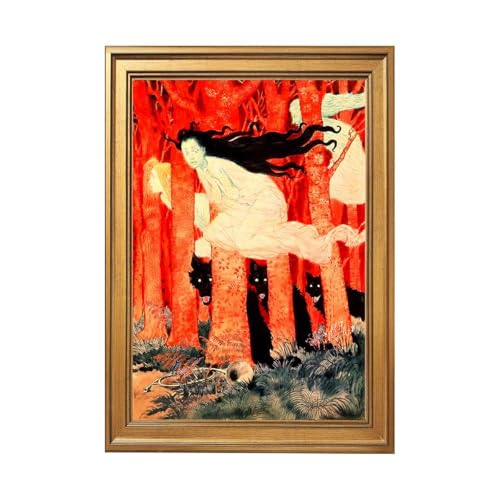 Vintage Framed Halloween Wall Art Dark Aesthetic Forest Painting with