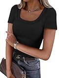 ATHMILE Women's Short Sleeve Tops Casual Scoop Neck Ribbed Knit Slim Fitted Basic Tee Shirts 2026 Summer Trendy Beach C-Black