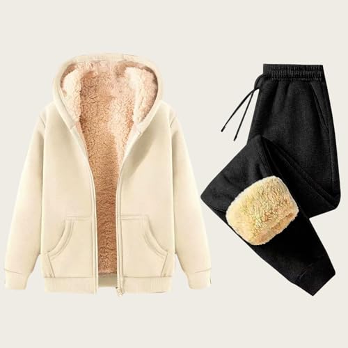 2 Piece Outfits Women Sherpa Fleece Lined Sweatsuits Zip Up Hoodie and Sweatpants Sets Matching Sets Warm Sets2