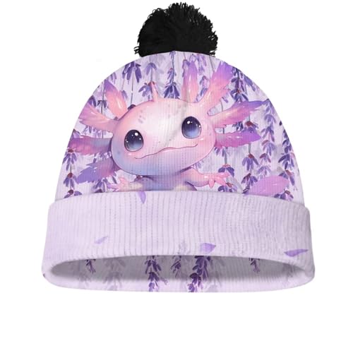 Uppodwarkid Lavender Axolotl Hat for Kids Girls Winter Beanie Wool Caps Pompom Elasticity Beanie Hat Skin Friendly Comfy Hat Fashion Snow Headgear for Indoor and Outdoor Skiing Running