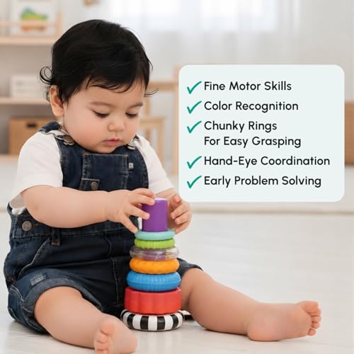 Image of Curious Cub Ring Stacker Baby Toy for 6+ Month Old Baby with Different Sensory Rings & Rattle | Stacking Montessori Learning Toy for Early Brain Development for Kids & Infants