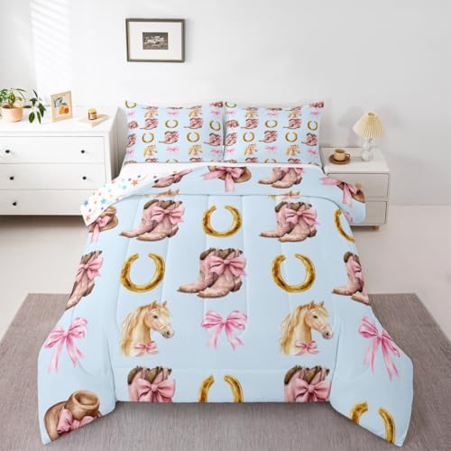Homemissing Juego de edredón rosa para niños, tamaño doble, juego de ropa de cama de vaquera con pajarita, edredón para dormitorio de niños y niñas, decoración del salvaje oeste de microfibra