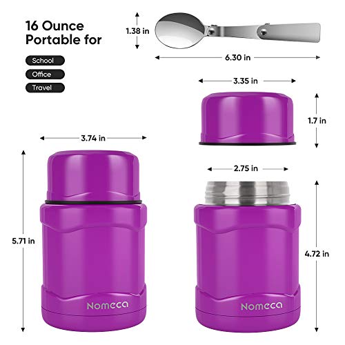 Nomeca Insulated Food Jar Thermos Lunch Container with Folding Spoon, 16 Oz Stainless Steel Double Wall Vacuum Hot Cold Food Container Wide Mouth Leak Proof Lunch Box for Kids Adults - Purple