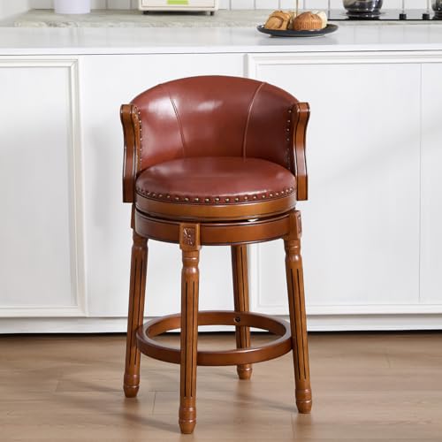 Image of Cow top Leather Wooden Bar Stools, 26.5 inch Counter Height Bar Chair with Back, 180 Degrees Swivel Barstools Chair for Home Kitchen Counter,Dining Room (Brown-1pc, Counter Height-Seat Height 26 inch)