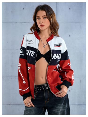 SOLY HUX Women's Bomber Jacket Long Sleeve Zip Up Racing Jackets Color Block Y2k Outerwear Vintage Streetwear4