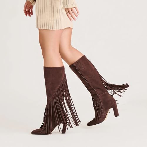 Suede Knee High Boots Women Square Toe Side Zipper Fringe Tall Boots Chunky High Heels Comfort Party Shoes2