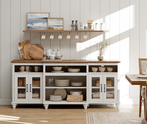 WAMAPT Buffet Cabinet with 4 Glass Doors, Large Coffee Bar Tables Wood Kitchen Storage Cabinets with 9 Storages, Modern Farmhouse Sideboard Credenza, Antique White, 70 inch