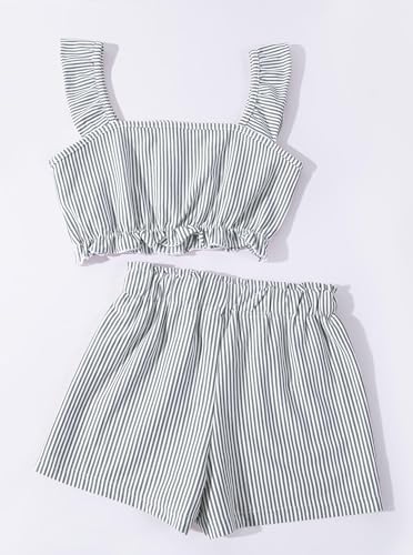 Image of Girl's Summer Clothing Sets Knit Ruffle Striped T-Shirt and Shorts 2 Piece Outfits