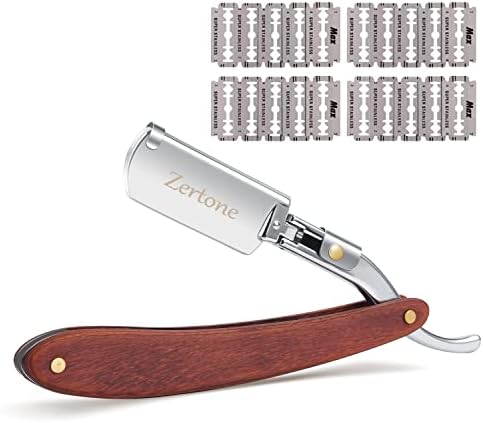 Zertone Straight Edge Razor Natural Wood Scale with 20 Double Edge Blades - Professional and Close Shaving - Manual Shaver, Barber Razor Blade (Aluminum)