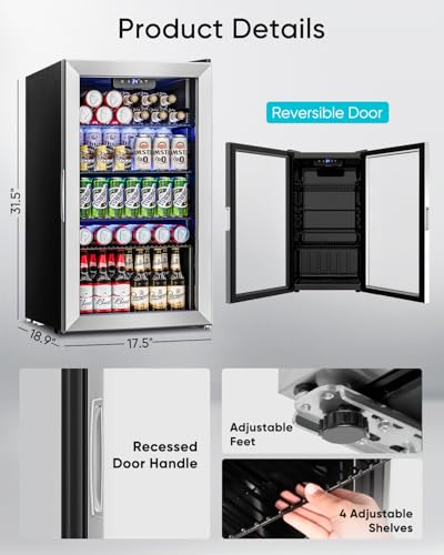 3.2 Cu.Ft Mini Fridge with Glass Door - 126 Can Beverage Refrigerator Cooler for Drink Beer Wine Soda, Small Refrigerator for Bedroom Office Bar Dorm, 4 Adjustable Shelves, Silver