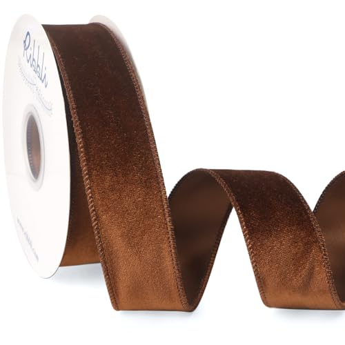 Ribbli Brown Velvet Wired Ribbon 1.5 Inch Velvet with Satin Christmas Ribbon for Gift Wrapping Christmas Tree Decoration Crafts Wreaths Supplies-Continuous 10 Yards