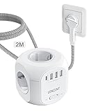 LENCENT 4 Fach Steckdosenleiste Flachstecker Steckdosenwürfel Mehrfachsteckdosen 8 in 1 Cube Steckdose Steckerleiste mit 3 USB, 1 Typ-C, USB Mehrfachstecker mit 2M Geflochtenem Kabel für Wandsteckdose
