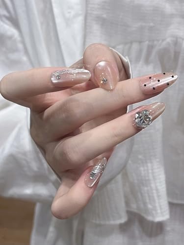 Image of Secret Lives Peach Color, Dot Print and 3D Stud Cat Eye Press-On Nails - 24PC Reusable Nail Set for Women & Girls | Long-Lasting, Easy to Apply, Artificial Nail Extensions