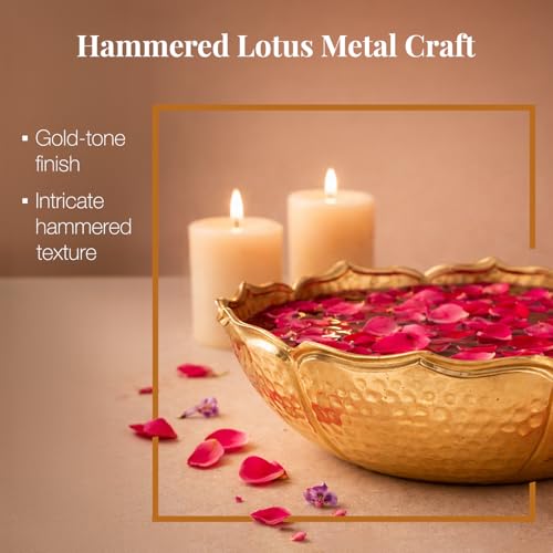Image of Royal Swing Pichwai Art Urli Bowl | Gold Hammered Lotus Design Metal Centerpiece | Decorative Floating Candle & Flower Bowl for Diwali, Home Decor & Pooja