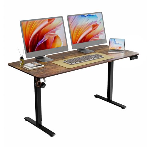 Image of ERGOMAKER 63 inch Electric Standing Desk, Adjustable Height, Sit Stand Up Desk for Home Office & Computer Workstations, Memory Controller, Rustic Brown