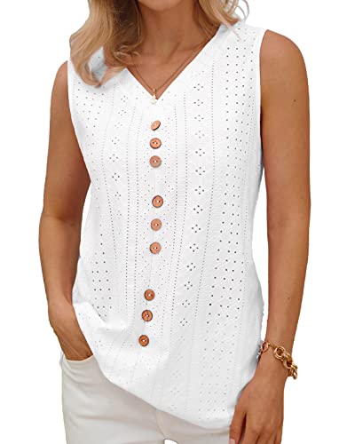 JUSTFASHIONNOW Women's Sleeveless V Neck Eyelet Button Deco Loose Tank Top Blouse White XXL