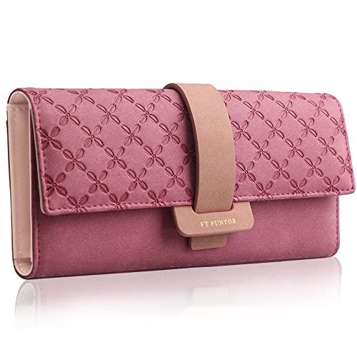 FT FUNTOR RFID Wallets for Women, Trifold Womens Wallet with Coin Zipper Pocket Vegan Leather Ladies Wallets Coins Zipper Pocket with ID Window (Cherry red)