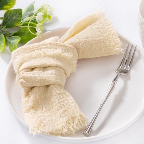 Image of MLMC 6 Pack Beige Cream Cloth Napkins with Fringe Boho Linen Napkins Washable Reusable Rustic Dinner Table Decor 17 inchx17 inch for Wedding Party Bridal Baby Shower Home Decor