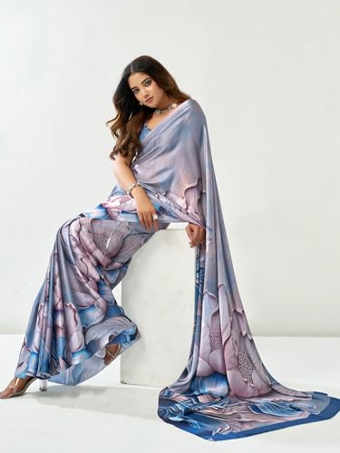 Image of Satrani Women's Satin Digital Printed Saree with Unstitched Blouse Piece