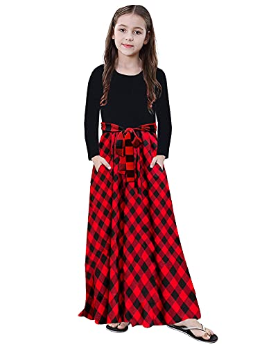 Image of KYMIDY Girl Maxi Dress Kids Casual Buffalo Check Plaid Long Sleeve Dresses with Pockets(6-14yrs)