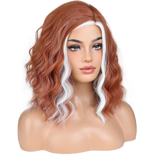 Image of BERON Light Brown Highlights Platinum Short Wave Wig for Women Girls Shoulder Length Wavy Heat Resistant Synthetic Wig for Cosplay Costume Party or Daily