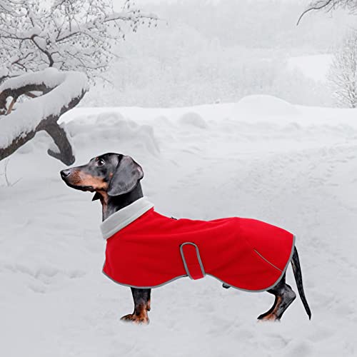 MOREZI Dackeljacke, Kaschmirfutter, Welpenwinterjacke mit Reflexbesatz und hohem Kragen, Hundeschneejacke mit verstellbarem Klettverschluss-Rot-L