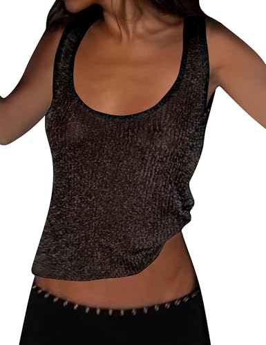 Women Sexy Fishnet Knit Glittering Scoop Neck Crop Tank Going Out Top Sheer Mesh Solid Slim Cropped Vest Cami Tops
