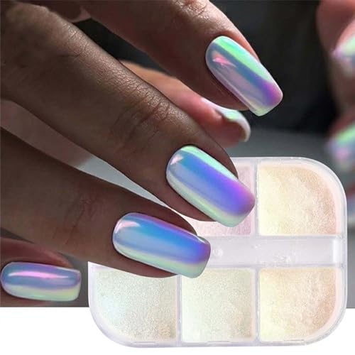 Image of 7 Colors Pearl Chrome Nail Powder Iridescent Aurora Powder Metallic Mirror Effect Glitter Powders Pearlescent Ice Transparent Mermaid Pigment Dust for Gel Polish Nail Art Decoration