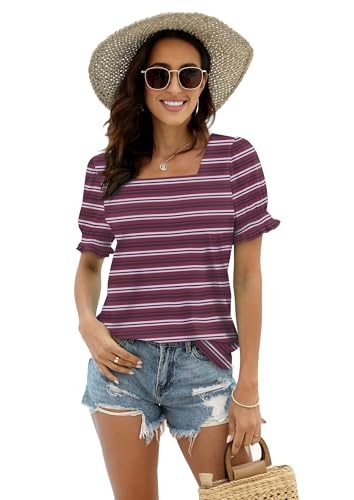 Image of WIHOLL Tops for Women Summer Casual Ruffle Trim Sleeve Square Neck T Shirts