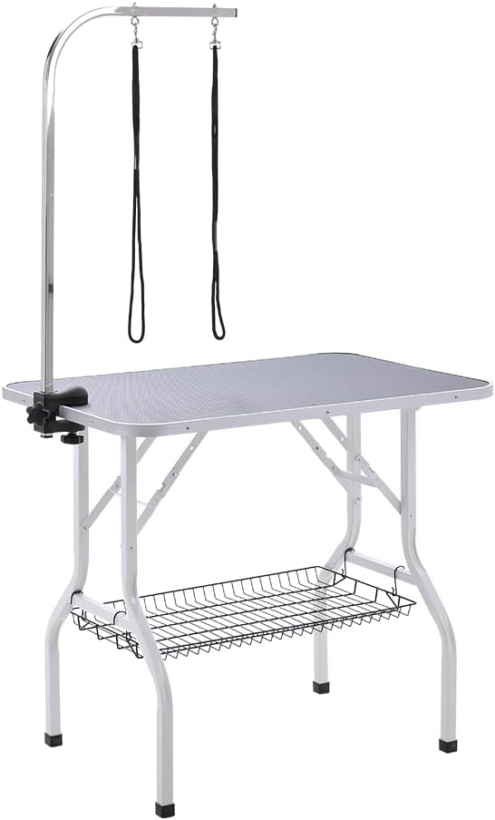 Foldable Dog Grooming Table with Adjustable Height Arm, Heavy Professional Pet Grooming Table with Noose & Mesh Tray, Dog Beauty Table for Small/Large Dogs Cats, 91x 61x 80cm, Black
