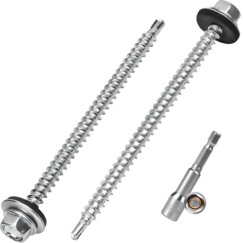 FALSKT 50 Pièces Vis Autoforeuse Metal avec Rondelle d'étanchéité 4,8 x 80 mm Vis Autoperceuse à Tête Hexagonale avec Douille Magnétique pour Metal Bac Acier Toiture