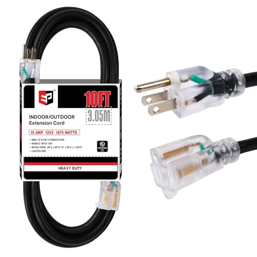 EP 10 Ft Lighted Outdoor Extension Cord - 10/3 SJTW Heavy Duty Black Extension Cable with 3 Prong...