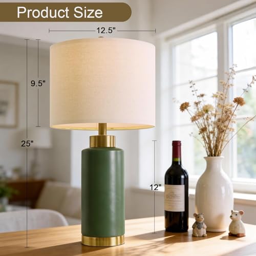 Image of USumkky 25 inch Green Ceramic Table Lamp Set of 2, Modern Mid-Century Bedside Nightstand Lamps for Bedroom Living Room, Linen Shade & Gold Metal Base, Rotary Switch E26 (Bulbs Excluded)