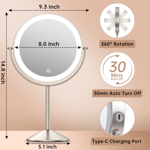 Anfauny 8" Lighted Makeup Mirror With Magnification, 1X/10X Double Sided Vanity Mirror With 3 Color Lights, Rechargeable 54 Leds Dimmable Touch Sensor & 360° Rotation Tabletop Cosmetic Mirror, Nickel #TOP5