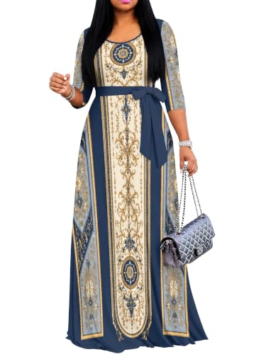 Image of Women's V Neck Floral Maxi Dress 3 /4 Sleeve Plus Size Boho Wrap Flowy Long Dresses with Belt