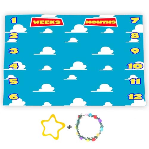Image of F-FUN SOUL Blue Sky White Clouds Baby Monthly Milestone Blanket 60x40in Nursery Blanket Baby Shower Age Growth Tracker with Bonus Marker