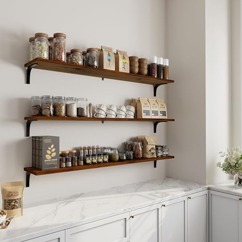 Image of 12 Inch Deep Floating Shelves Set of 3, 60 Inch Extra Wide Rustic Walnut Solid Wood Wall Shelves, 5ft Heavy Duty Farmhouse Wall Mounted Shelving for Kitchen, Living Room & Bedroom