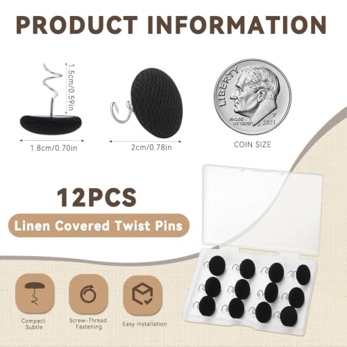 Image of Lunarm Linen Twist Pins 12pcs Upholstery Bedskirt Pins Black Fabric Covered | Fabric Covered Button, Tightly Grip, Multipurpose for Furniture, Sofa,Headliner, Armrest Covers, Slipcovers, Storage Case