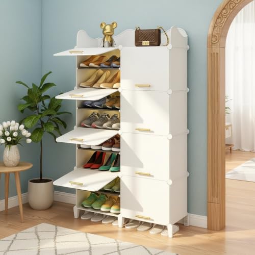Image of Mevigo 16-Tier Shoe Rack with 8-Doors|Holds 32-Pairs |Waterproof & Dustproof Modular Plastic Shoe Cabinet|Foldable Stackable Shoe Organizer with MetalFrame |Space Saving Storage -White-HT2