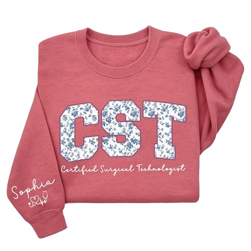 Personalized Nurse Sweatshirt with Floral Letters, Custom Name on Sleeve, Gifts for Medical Staff Uniform