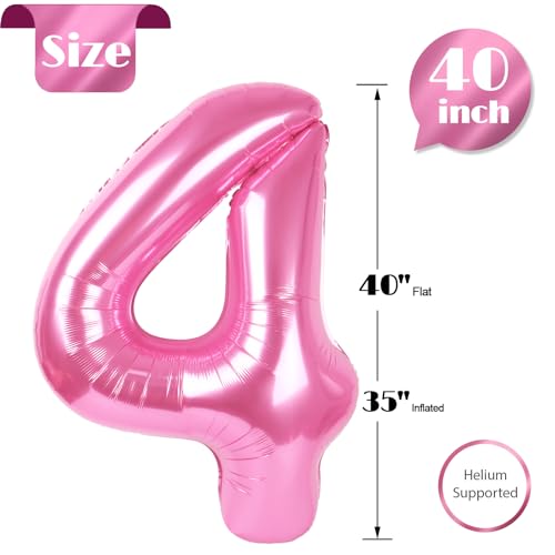Image of Pink Number 4 Balloon 40 Inch, 4th Birthday Party Decorations, Giant 4 Foil Balloon for Party Supplies