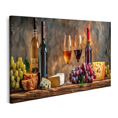islandburner Impression sur toile de qualité - Nature morte rustique avec bouteilles de vin - Verres - Raisins - Fromage - Pain sur table en bois - Images murales