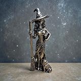 VADEINCIENSO Figura Decorativa de Bruja con Escoba y Gato, Acabado Metalizado, 20 cm, Estatuilla de Bruja con Sombrero Puntiagudo