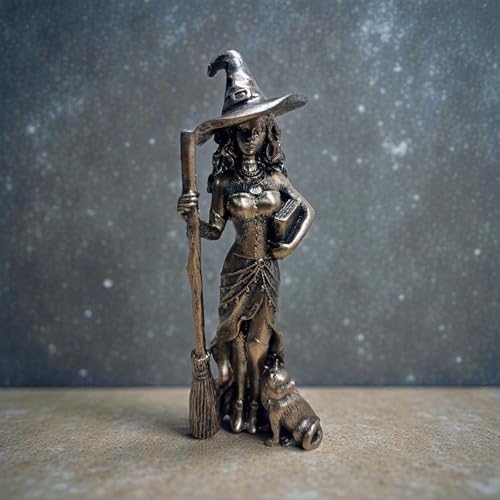 VADEINCIENSO Figura decorativa de bruxa com vassoura e gato, acabamento metalizado, 20 cm, estatueta de bruxa com chapéu pontiagudo